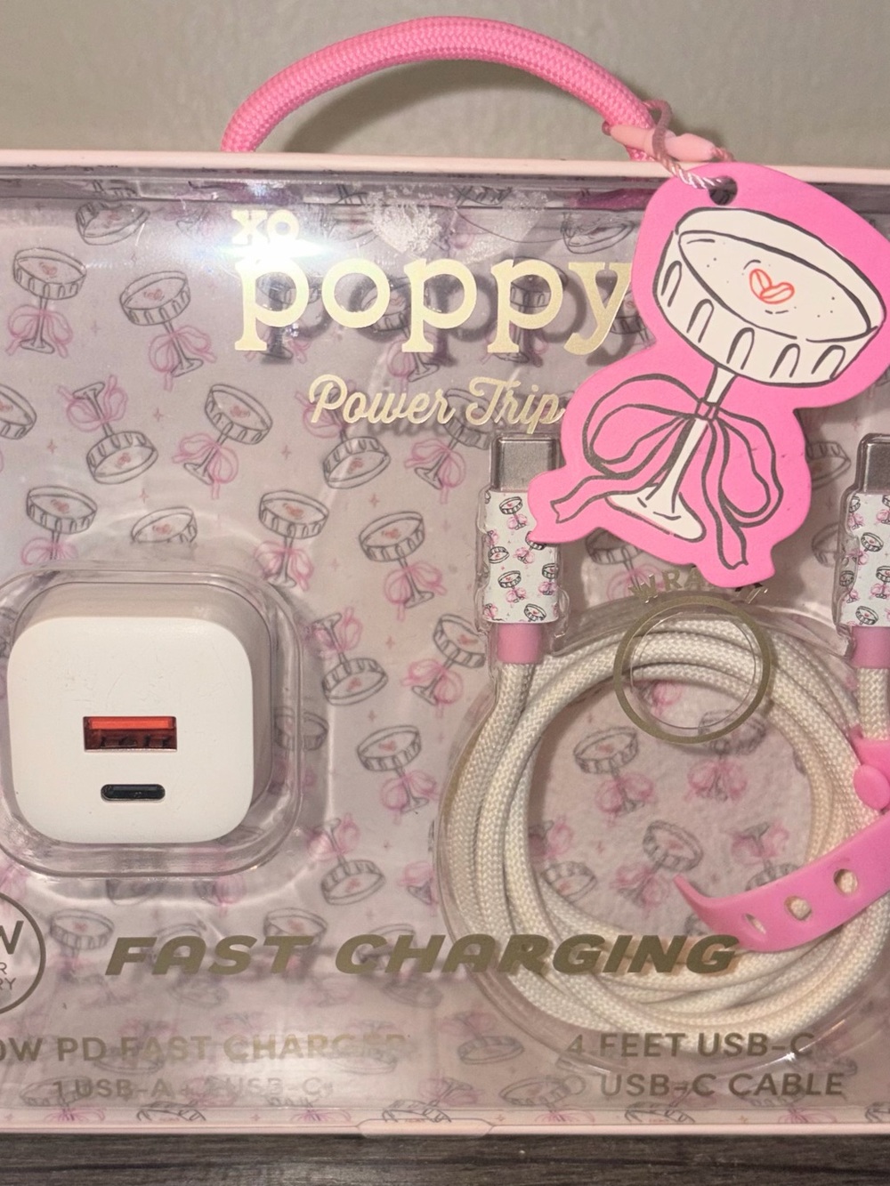 Poppy Power Trip Fast Charging USB-C Cable & Wall Adapter - Pink